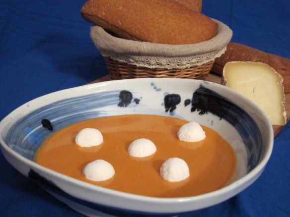 Cold Tomato Soup and Goat Cheese Beads