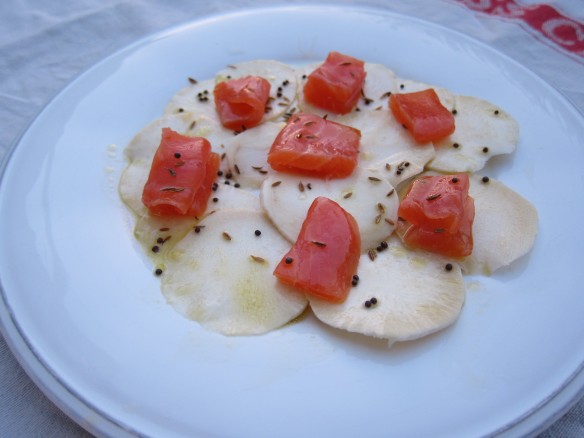 Smoked Salmon Backs, Black Radish and Sesame Vinaigrette