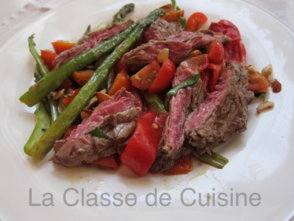 seared steak with roast peppers, asparagus and Catalonia Sauce