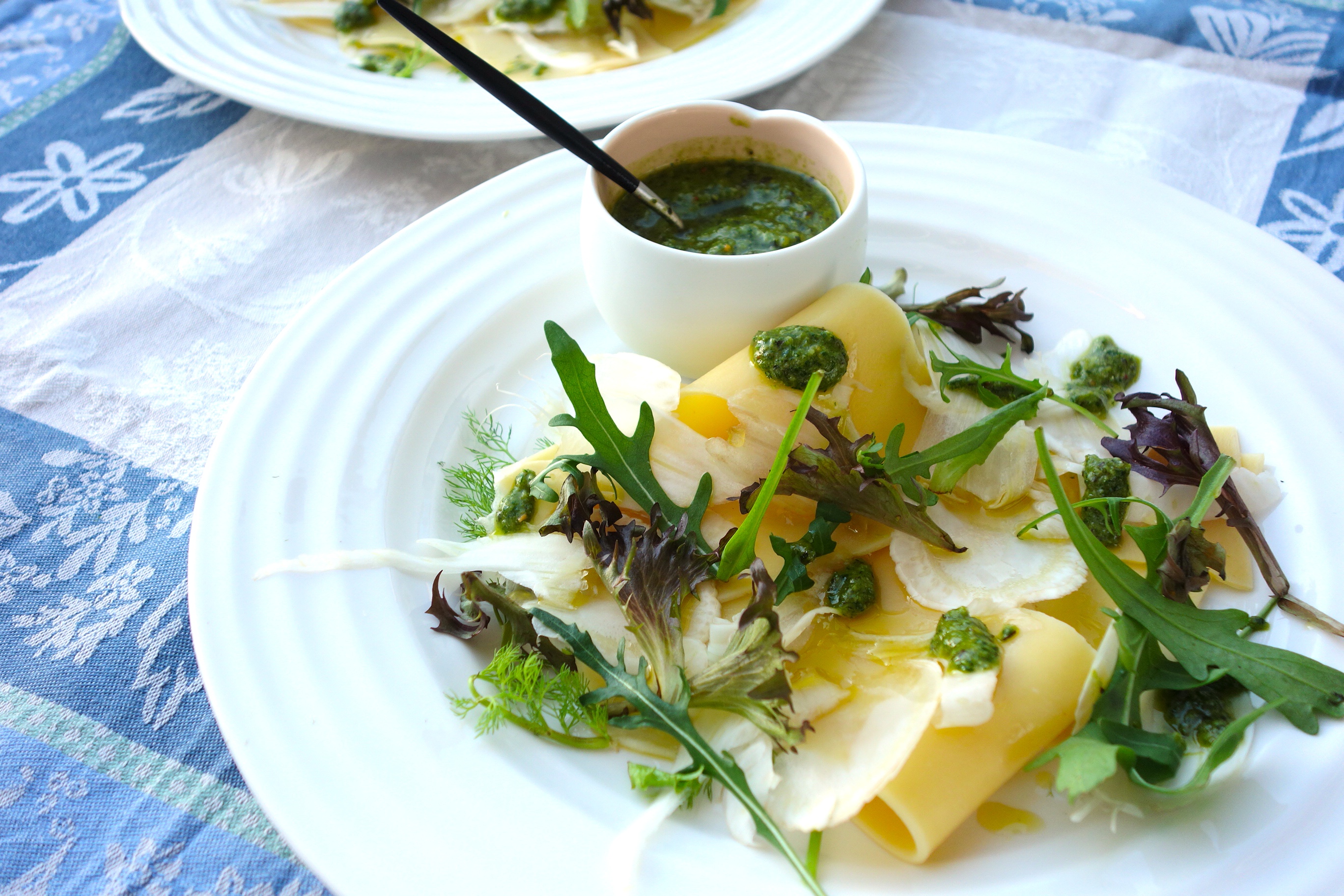 Rocket Pasta and Pesto with shaved Fennel Salad